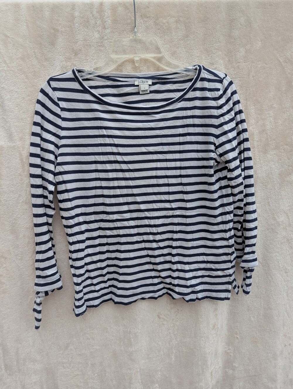 J.Crew Women's Navy and White Striped Long Sleeve Tee with Wrist Ties Size S